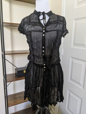 Xhilaration Sheer Black Button-Front Short Sleeve Dress With Lace Ties XS